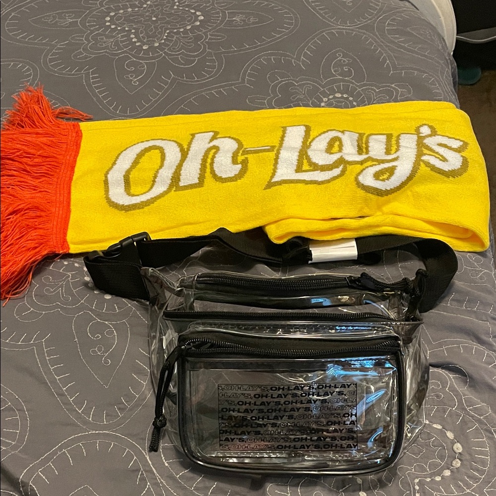 Yellow & red Scarf frito lays promo & clear & black Fanny pack with sayings